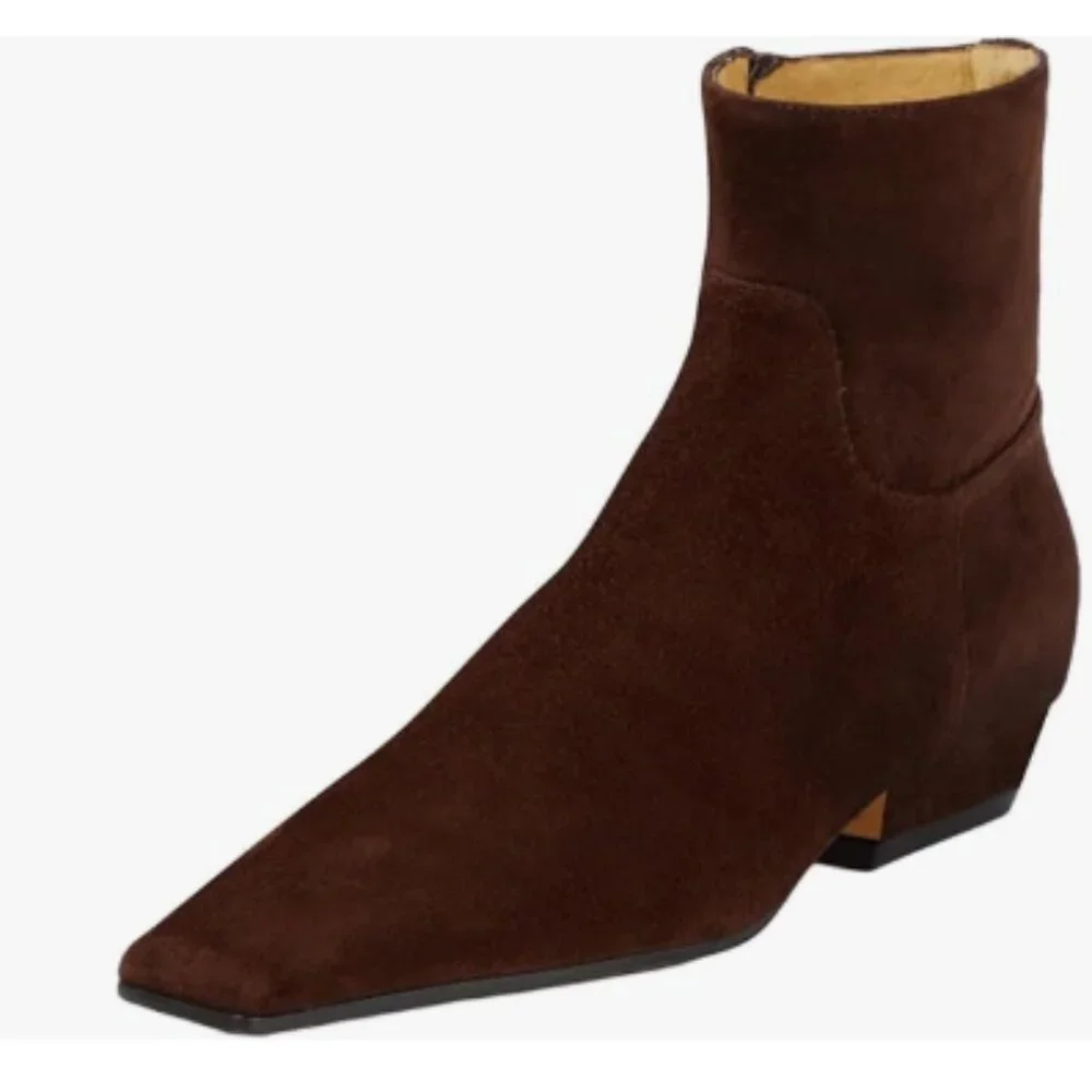 Brown Square Toe Low Block Heels Side Zipper Ankle Boots Formal Business Shoes